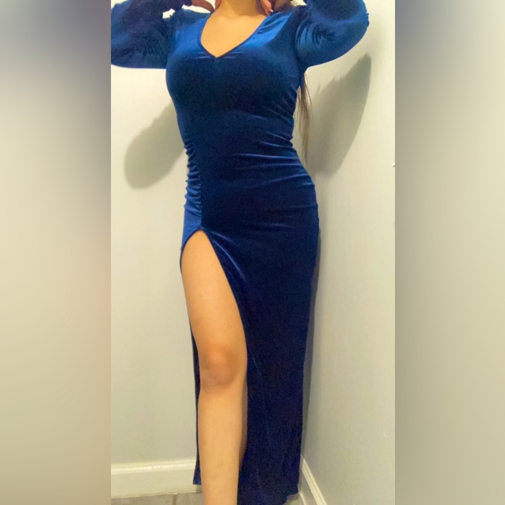 Navy Sexy Velvet Long Dress with leg split on the left.